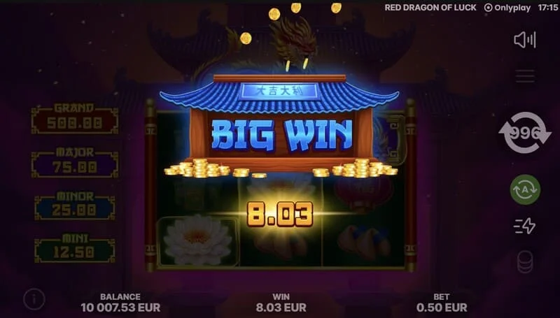 Red Dragon of Luck – pagrindinis ekranas su 3x3 tinkleliu ir raudonu drakonu